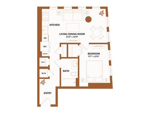 A floor plan of a house with a living room, dining room, kitchen, bathroom, and two bedrooms.